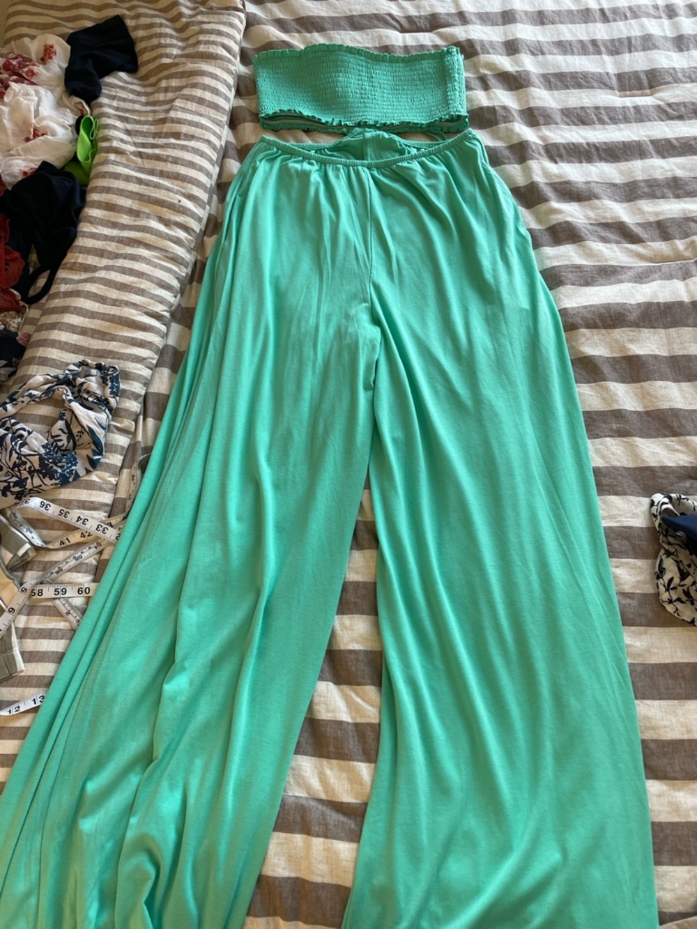 LORAGAL Green Two Piece Set Smocked Bandeau Wide Leg Pants Lounge Set M